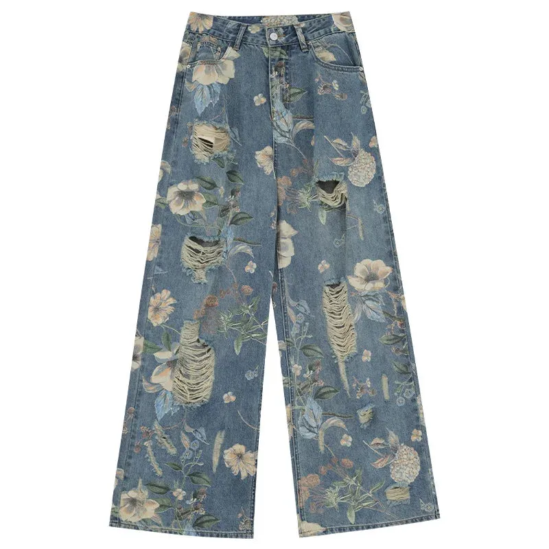 Vintage Printed Ripped Jeans for Women