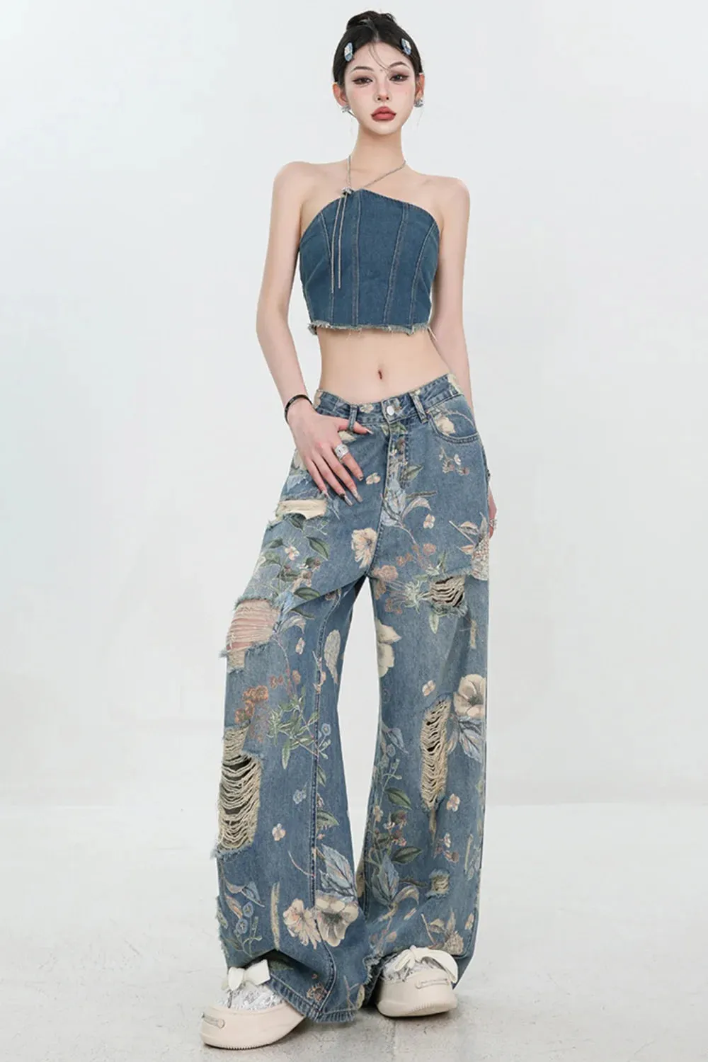 Vintage Printed Ripped Jeans for Women