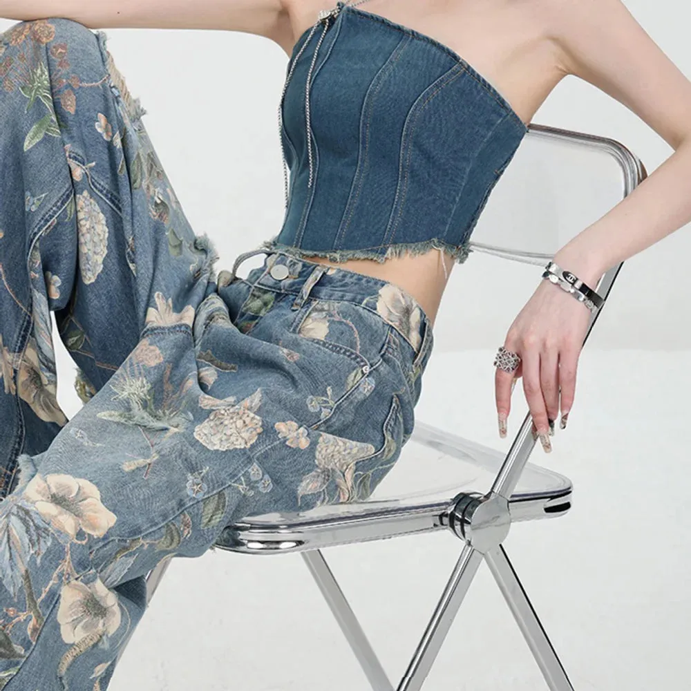 Vintage Printed Ripped Jeans for Women