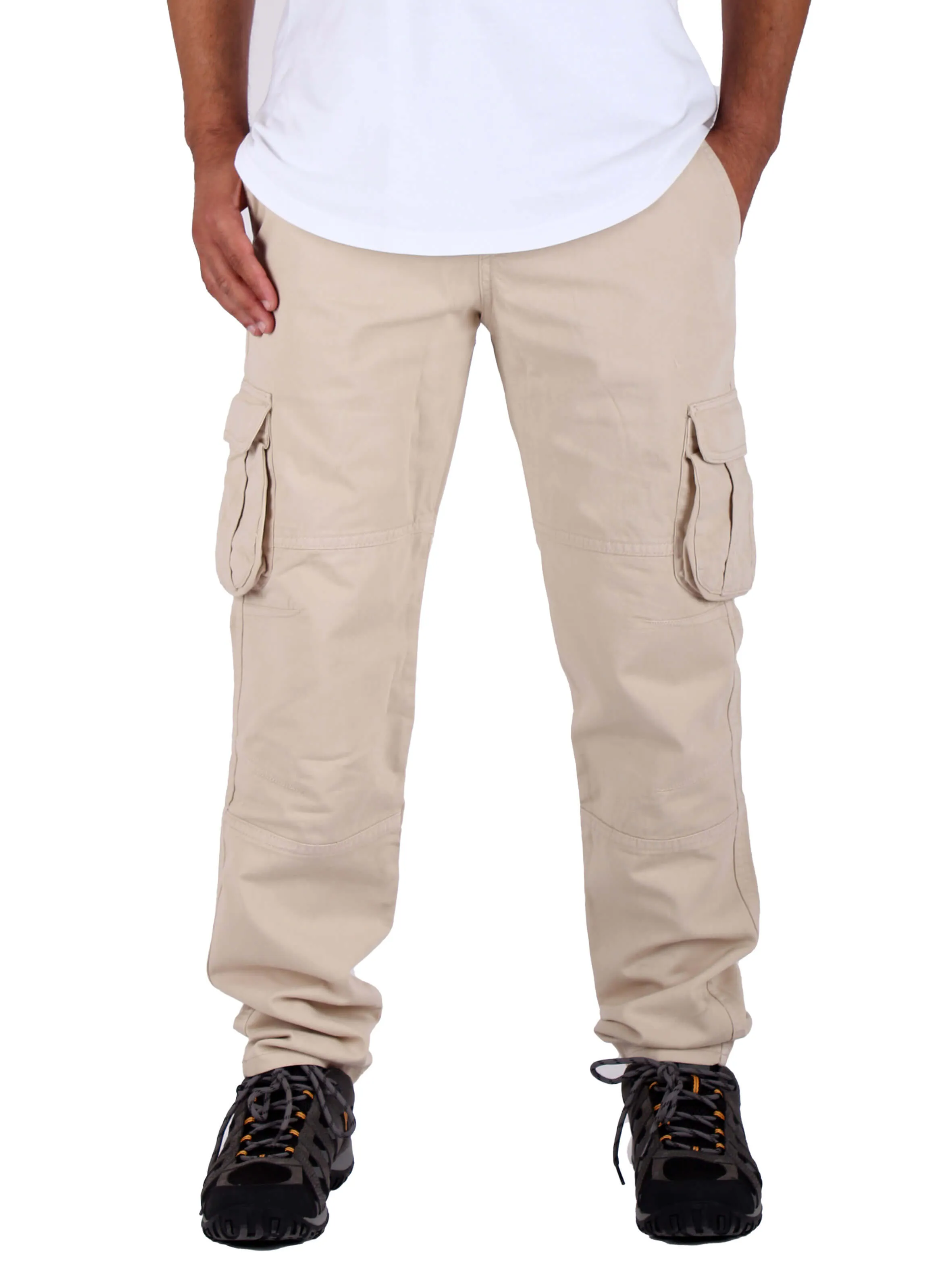 Washed Cargo Pants With Elastic Waist Unisex  - Beige