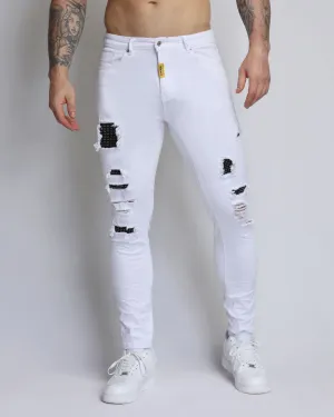 White Ripped Jeans with Dimond Patch-Mexico Local Delivery
