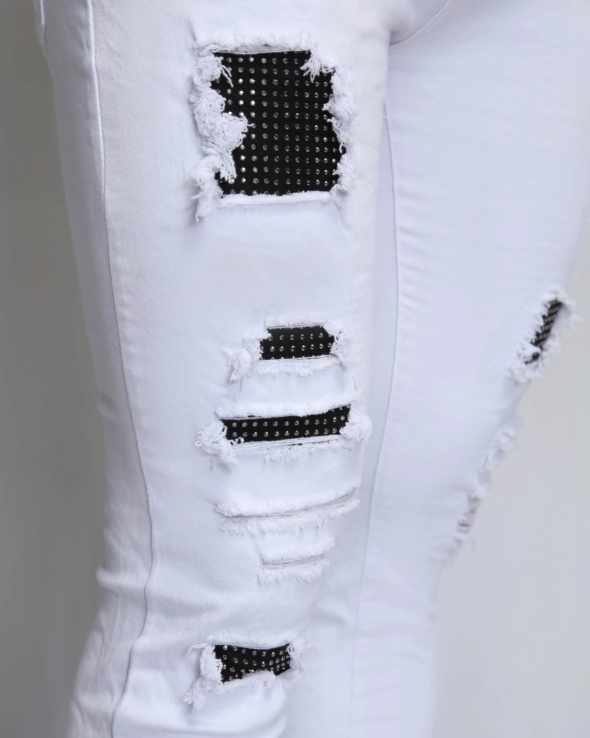 White Ripped Jeans with Dimond Patch-Mexico Local Delivery