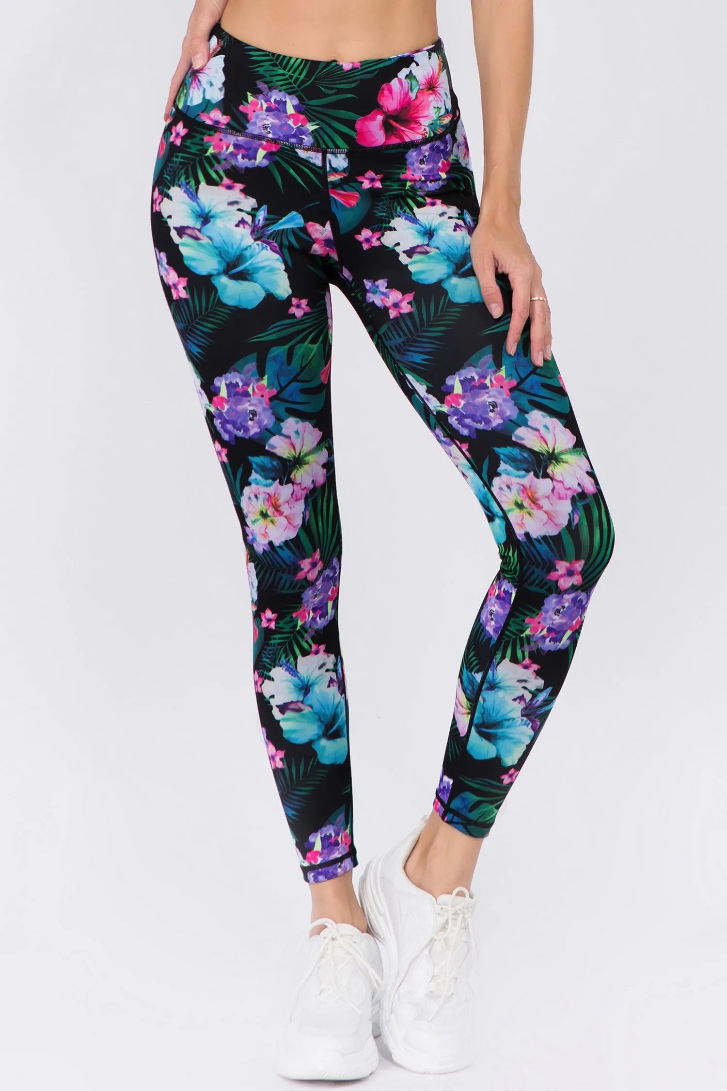 Yelete Women's Active High Rise Tropical Floral Printed Leggings