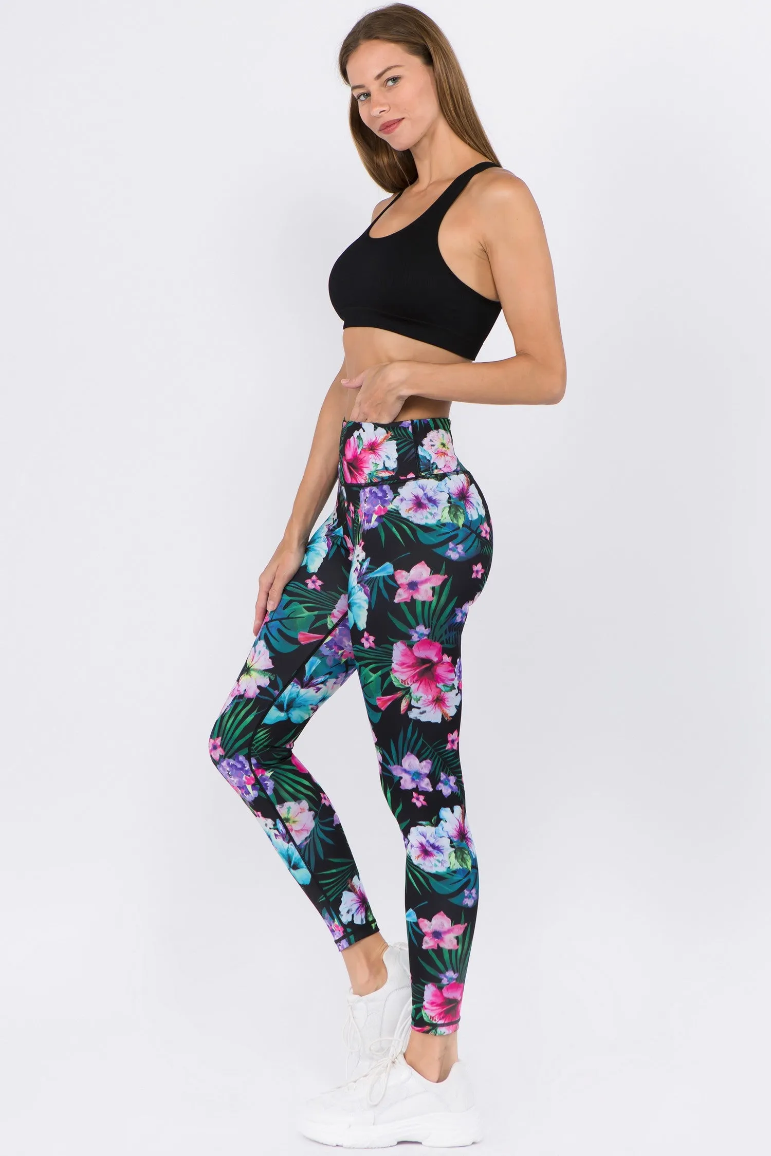 Yelete Women's Active High Rise Tropical Floral Printed Leggings