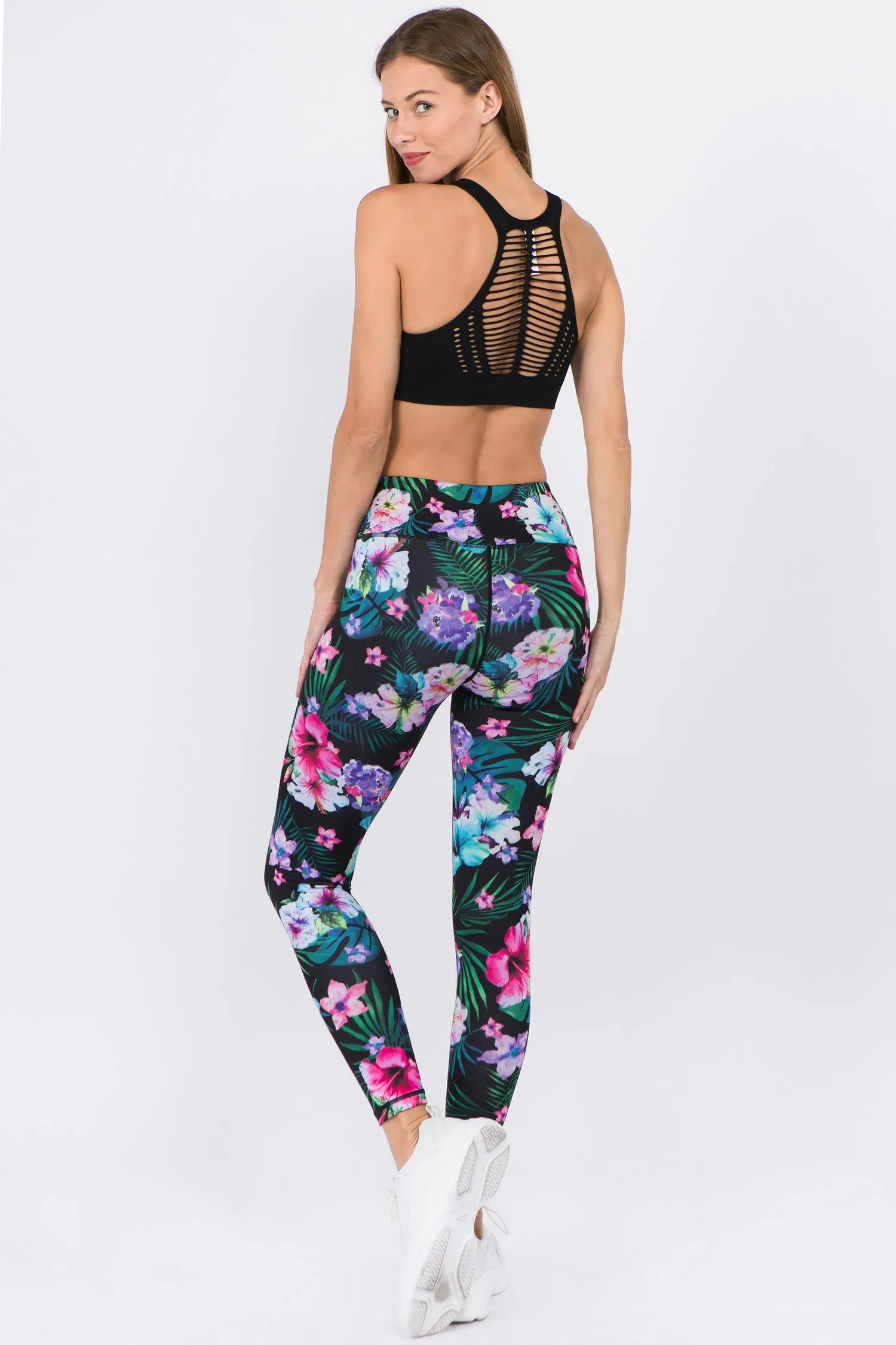 Yelete Women's Active High Rise Tropical Floral Printed Leggings